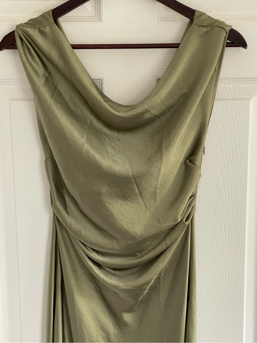 NWT Olive Green Satin Cowl Neck Midi Dress wedding guest fall wedding bridesmaid - Picture 9 of 13
